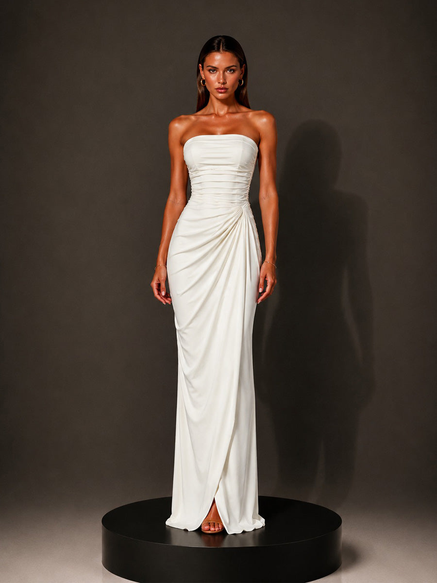 Isabella Strapless Ruched Bodycon Maxi Dress In White