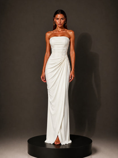 Isabella Strapless Ruched Bodycon Maxi Dress In White