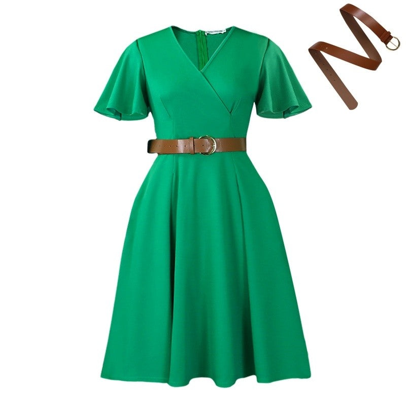 V-Neck Flared Sleeve A-Line Dress