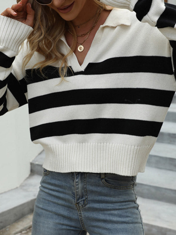 Simple Loose Striped Lapel Collar Long Sleeves Sweater Tops