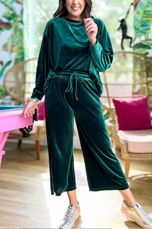 Blackish Green Velvet Long Sleeve Top \u0026 Wide Leg Pants Set