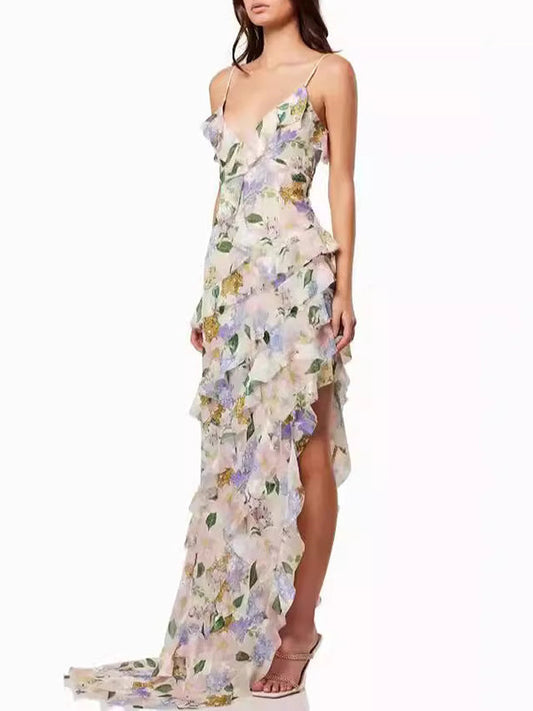 Flower Printed Ruffled Sleeveless Spaghetti-Neck Wrap Evening Maxi Dresses