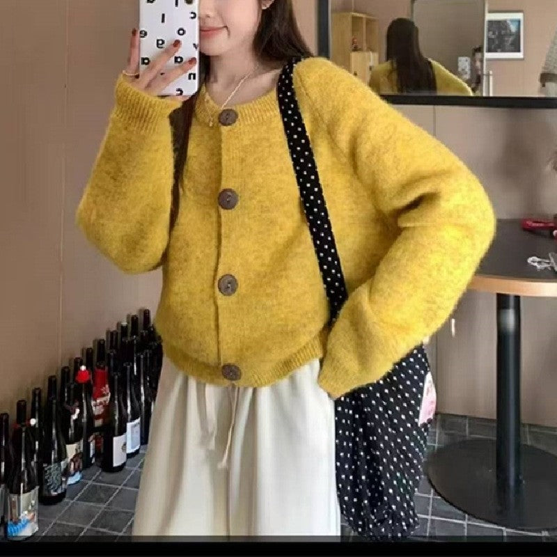 Solid Color Loose Short Round Neck Cardigan Sweater