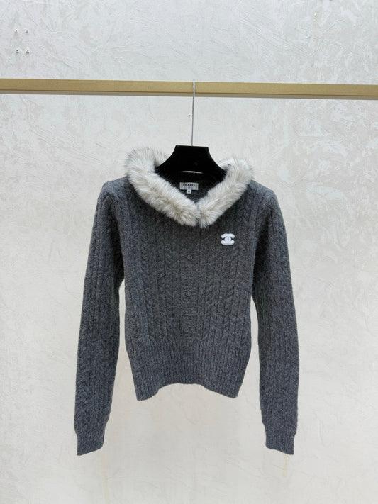 Chanel 2025 Hooded Feather-Embellished Knitted Long-Sleeve Cardigan Wool 716356