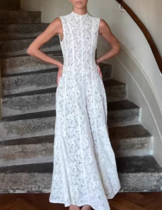 Vintage Mock Neck Sleeveless Lace Evening Dress