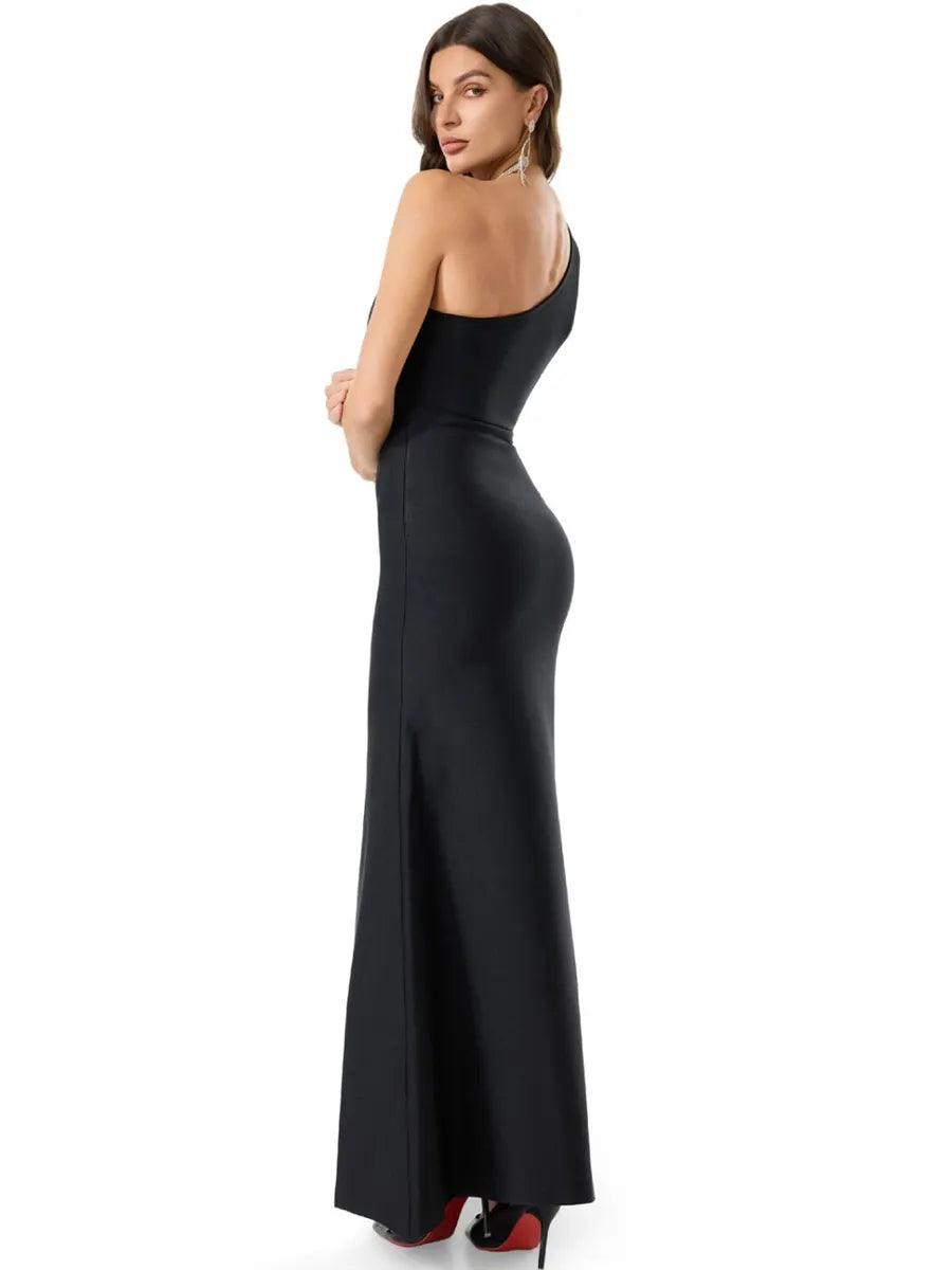 Alba One-Shoulder Cutout Rhinestone Bandage Maxi Dress