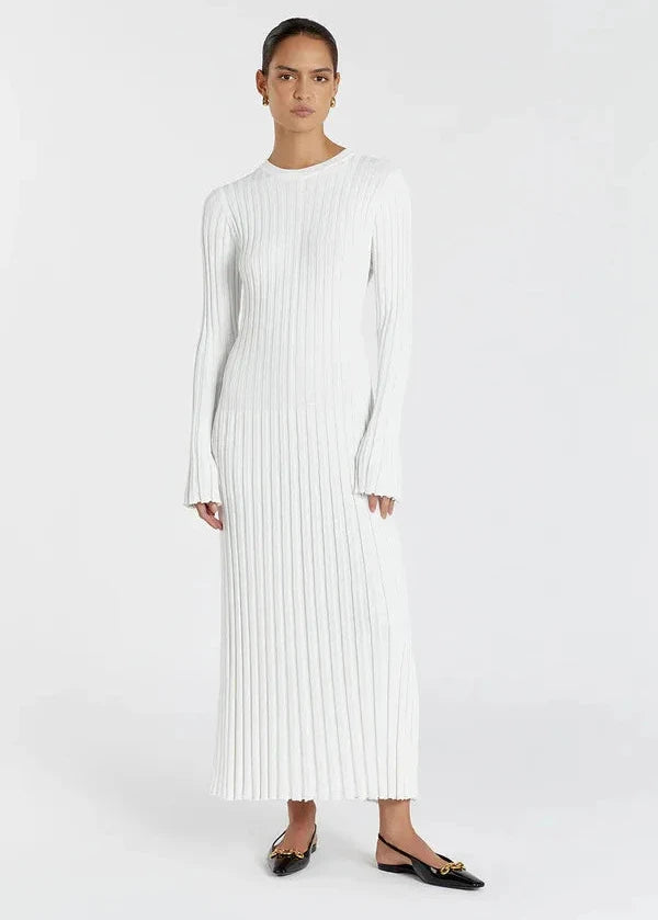 Pleated Ribbed Knit Midi Dress In Soft Fabric