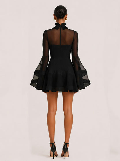 Delilah Long-Sleeve Mesh Mini Dress In Black