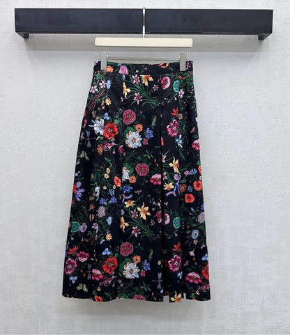 GG SS26 Flora Printed Pleated Midi Skirt Black Multicolor Silk 351778