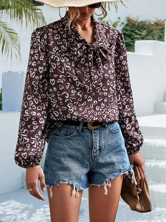 Bishop Sleeve Long Sleeves Elasticity Heart Print Tied V-Neck Blouses&Shirts Tops