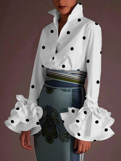 Flared Sleeves Falbala Polka-Dot Lapel Collar Blouses&shirts Tops