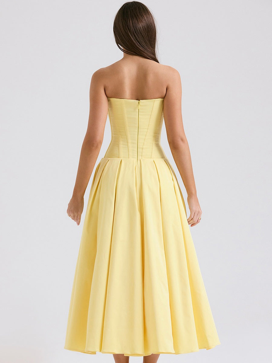 Ruby Off-Shoulder Corset Midi Dress In Yellow