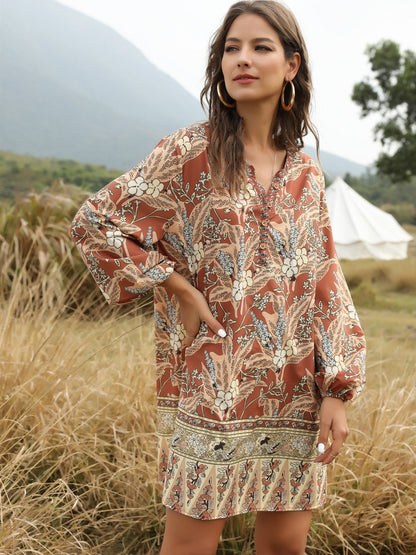 Summer And Spring Bohemian V-Neck Casual Dress Printed Dress Medium Length Skirt