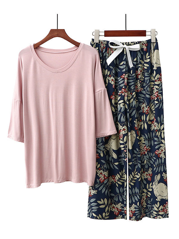 Casual Loose Seven-Quarter Sleeves V-Neck Shirts& Printed Pants Pajama Sets