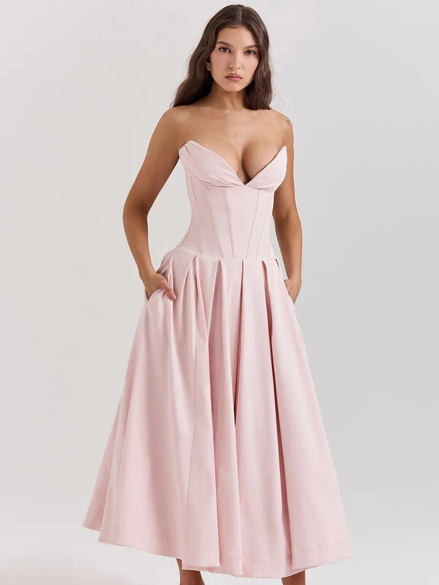 Savannah Off-Shoulder Corset Midi Dress In Pink