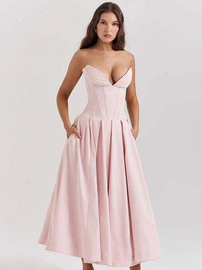 Savannah Off-Shoulder Corset Midi Dress In Pink