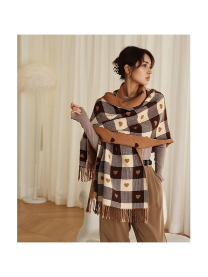 Sscarvii - Heart Print Plaid Winter Scarf