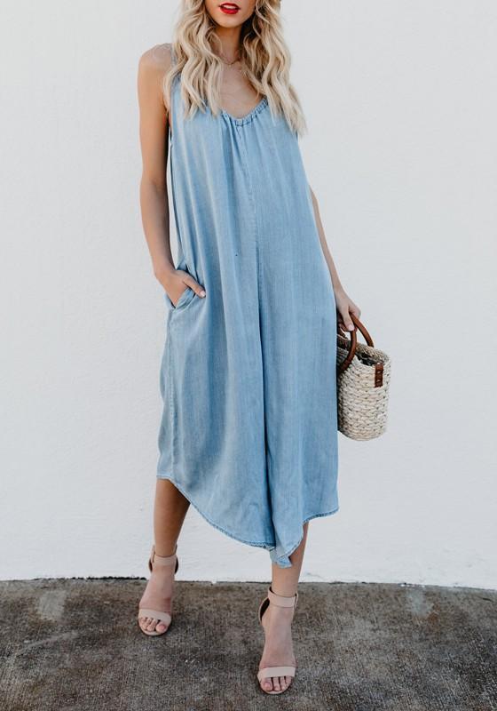 Casual Pockets Spaghetti Strap Backless V-Neck Plus Size Blue Wide Leg Jumpsuit