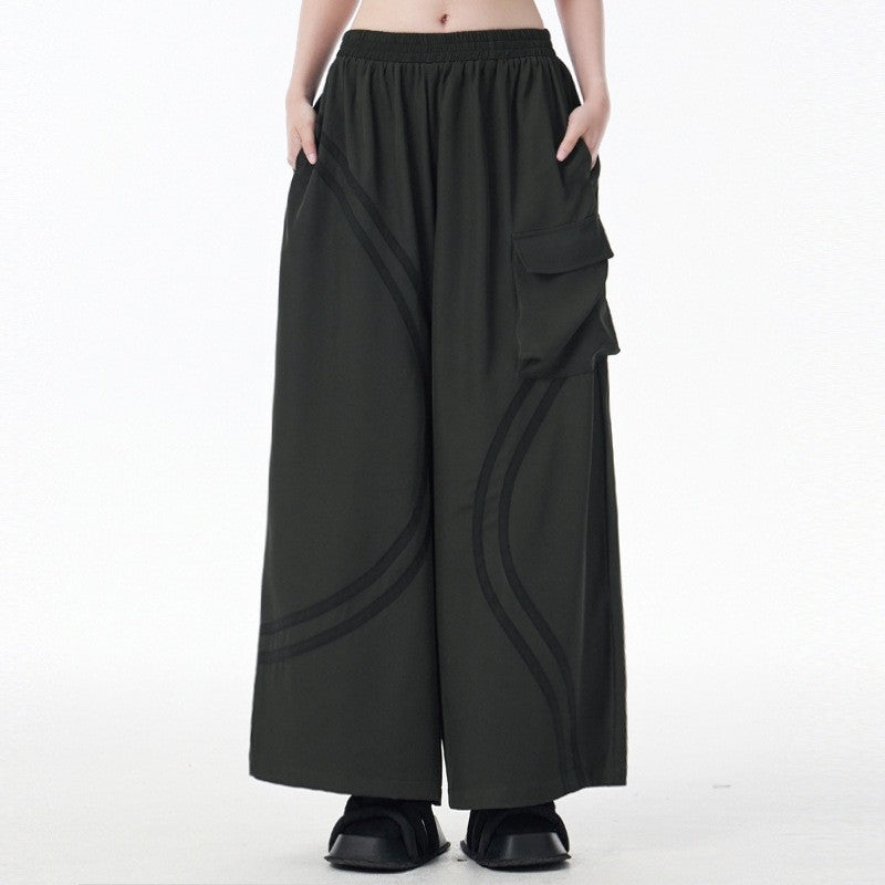 Striped Patch Pocket Loose Wide Leg Elastic Waist Pants