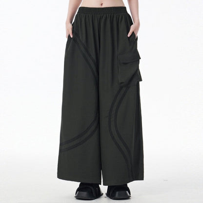 Striped Patch Pocket Loose Wide Leg Elastic Waist Pants