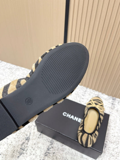 Chanel 26 Tiger Print Brown Black Ballet Flat in Sheepskin Wool 591377