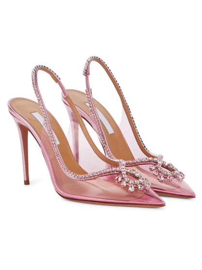 Sapphira Pointed-Toe Clear Strappy Stiletto Heels with Rhinestones