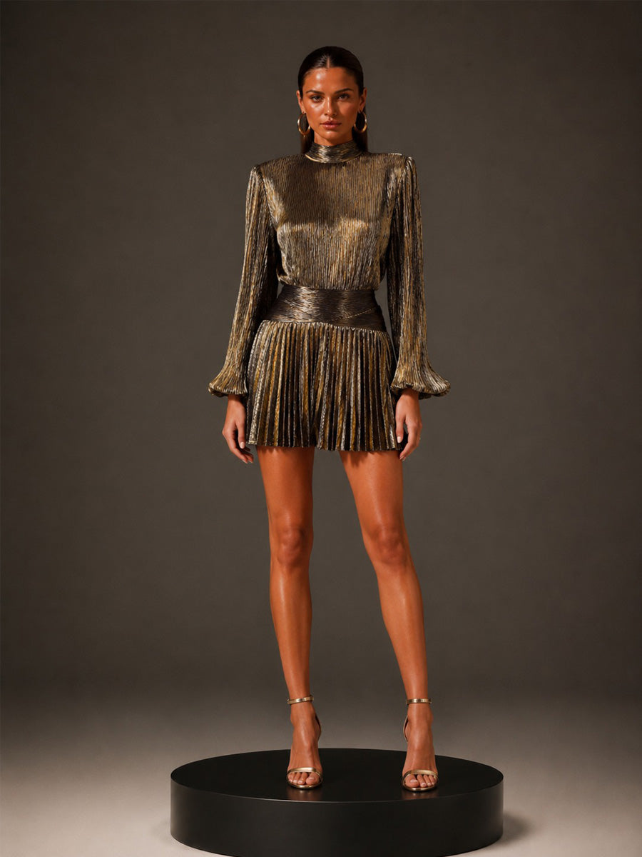 Zara High-Neck Long-Sleeve Ruched Mini Dress
