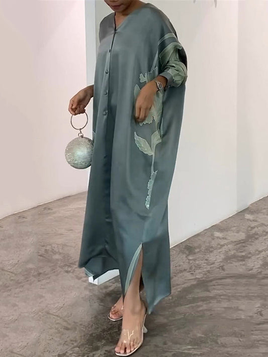 Long Sleeves Loose Buttoned Contrast Color Flower Print Leaves Print Muslim Split-Side V-Neck Evening Dresses Maxi Dresses Muslim Abaya