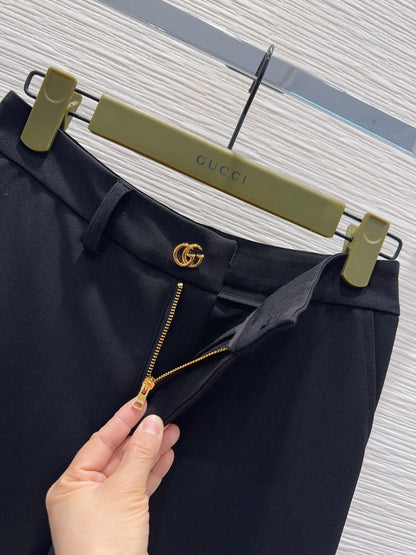 GG Crêpe Elegant Trousers With Double G Button Black Wool 346702