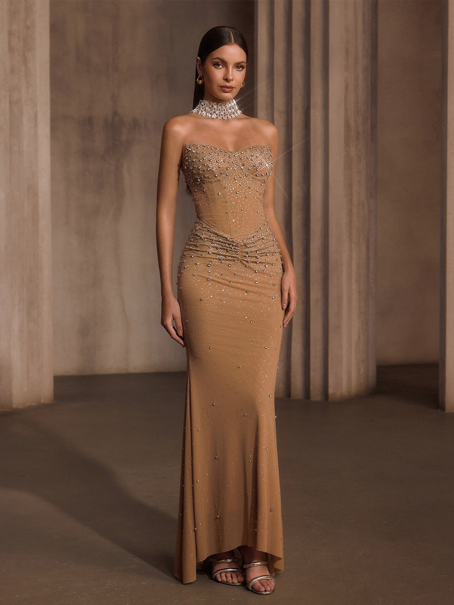 Malia Strapless Rhinestone Corset Maxi Dress