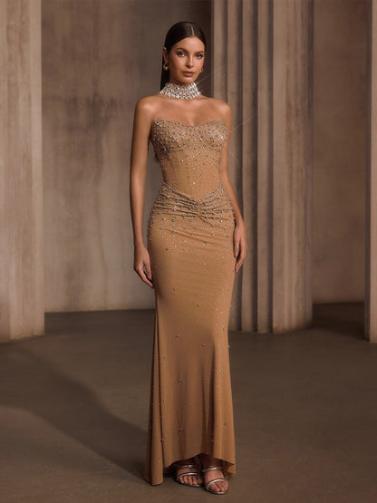 Malia Strapless Rhinestone Corset Maxi Dress