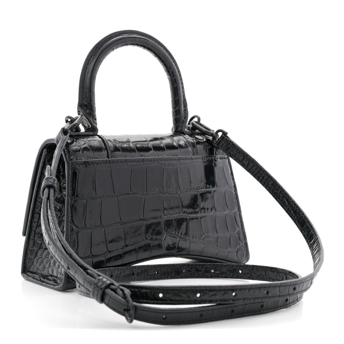 Shiny Calfskin Monochrome Crocodile Embossed Hourglass Top Handle Bag XS Black