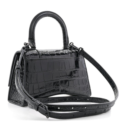 Shiny Calfskin Monochrome Crocodile Embossed Hourglass Top Handle Bag XS Black