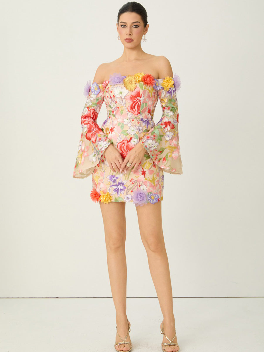 Mila Multi Floral Applique Off Shoulder Mini Dress