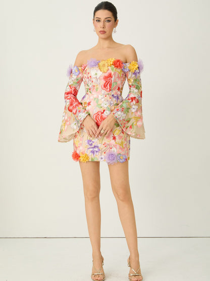 Mila Multi Floral Applique Off Shoulder Mini Dress