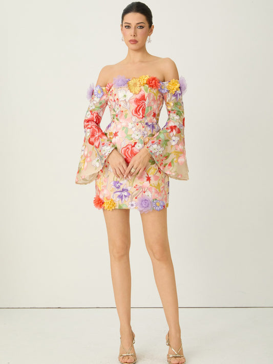 Mila Multi Floral Applique Off Shoulder Mini Dress