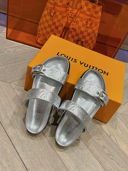 LV 2025 Monogram-embossed Silver Metallic Calfskin Sandal 437407