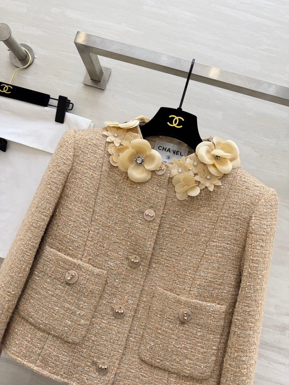 CC 26s Coat 3D Floral Embellished Beige Wool Blend Tweed