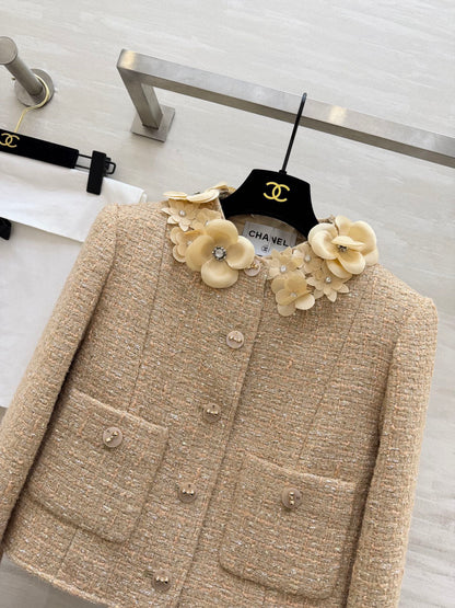 CC 26s Coat 3D Floral Embellished Beige Wool Blend Tweed