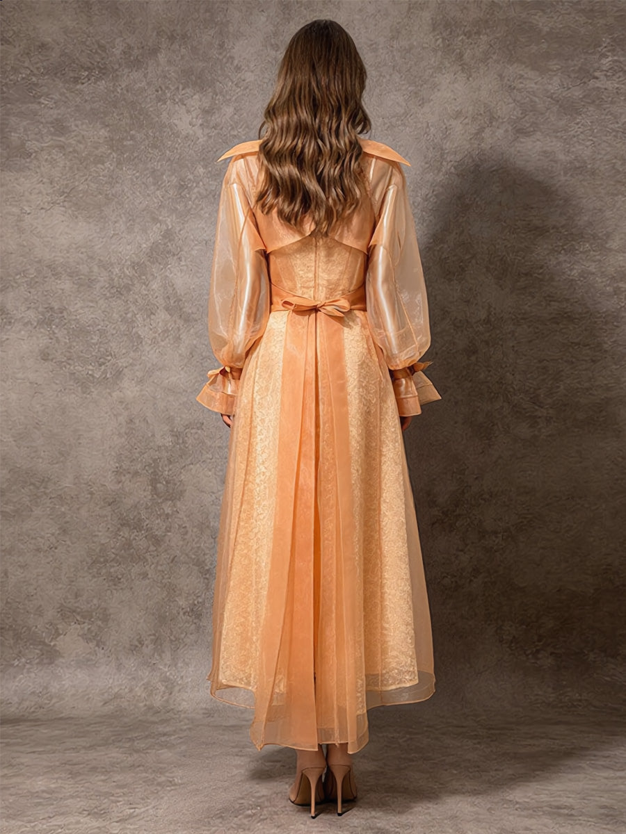 Talia Long-Sleeve Chiffon Lapel Long Coat