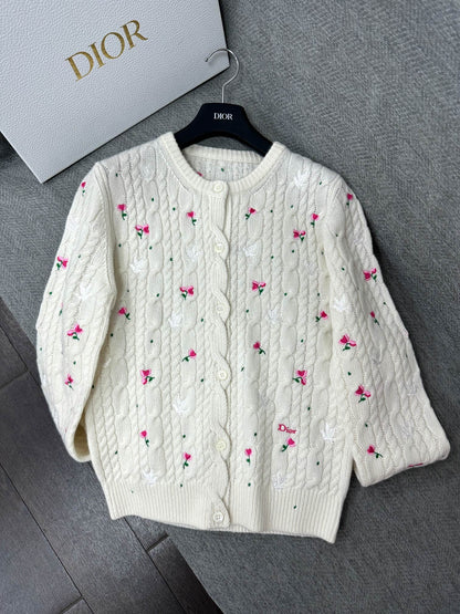 CD Cardigan Small Floral Embroidery Ivory Wool 349481