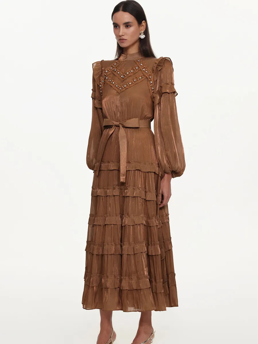 Kaia Flowy Long Sleeve Rhinestone Ruffle Woven Maxi Dress