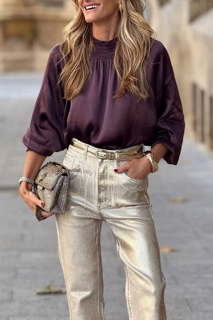SATIN BLOUSE WITH EGGPLANT COLLAR