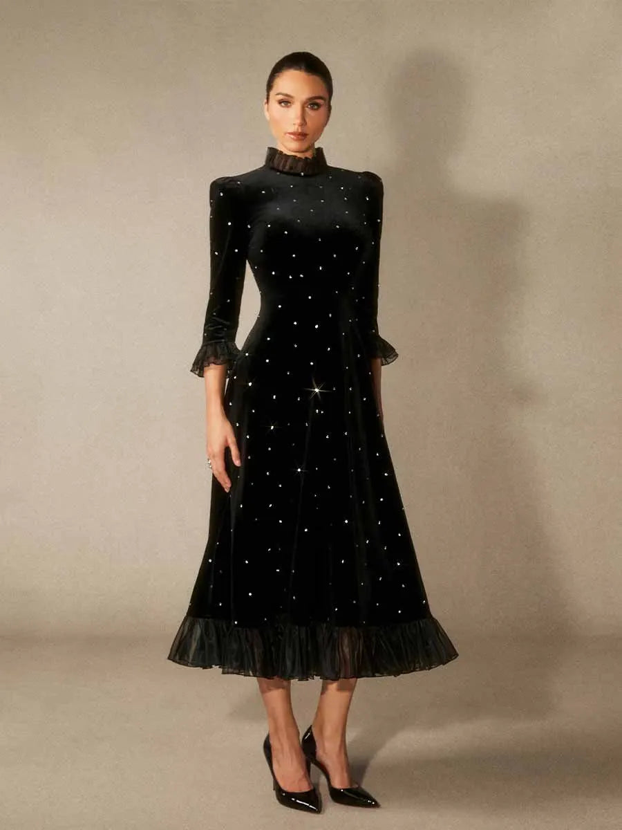 Beatrice Diamante Ruffle Velvet Maxi Dress