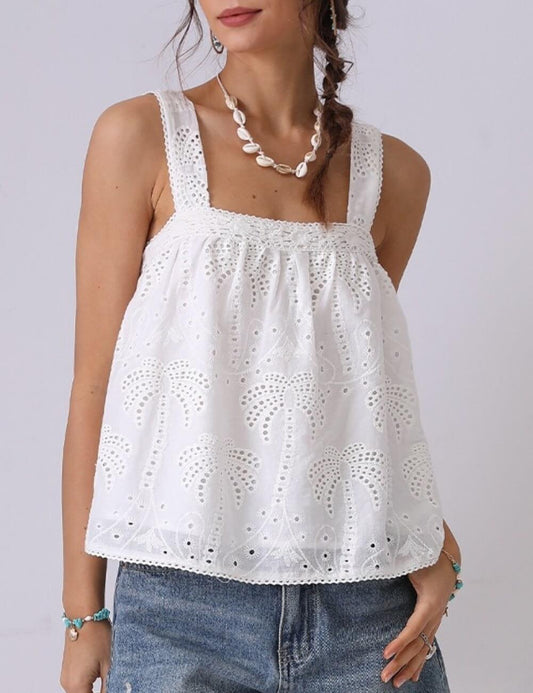 Palm Tree Embroidery Hollow Cotton Tank Top
