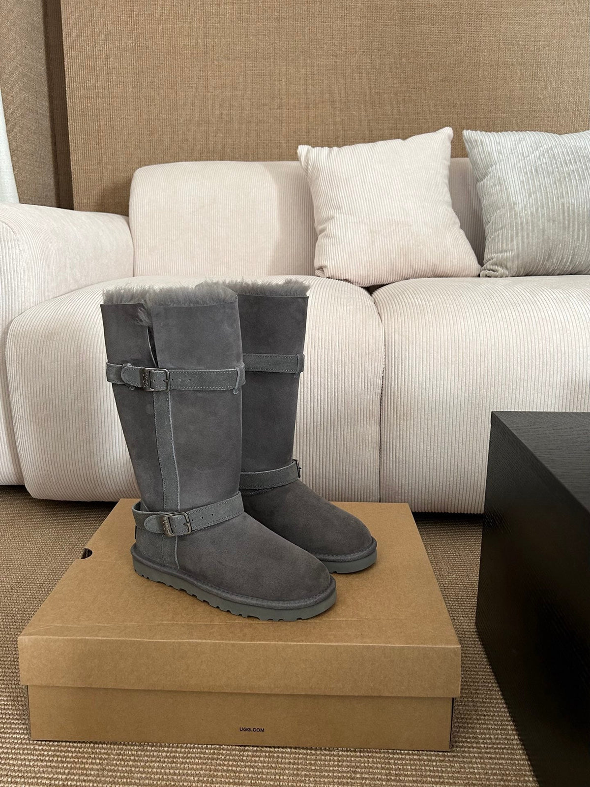 UGG Platform Foldable Tall Boots Grey Suede Shearing