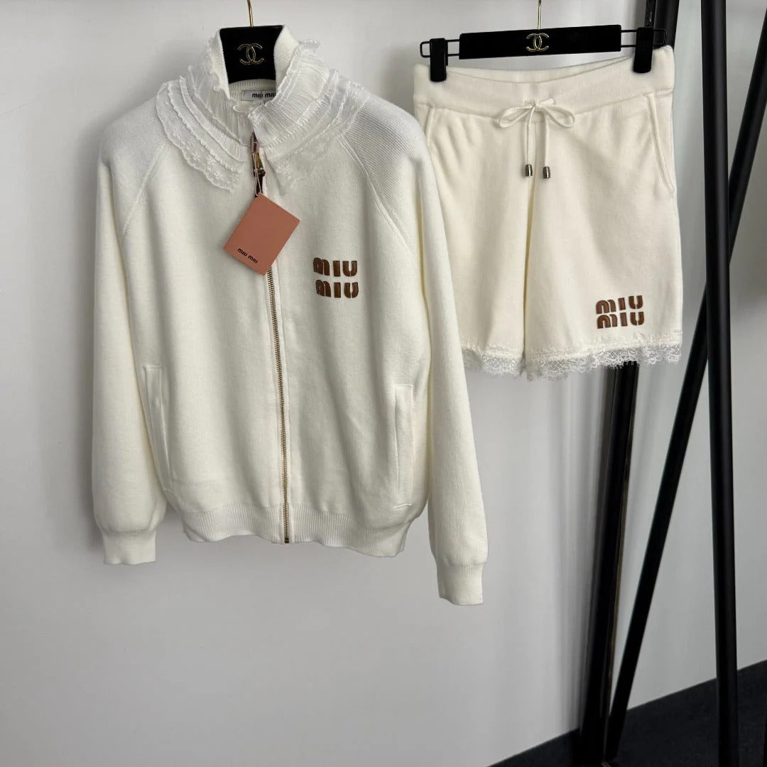 MIUMIU KNIT CARDIGAN AND SHORTS SET