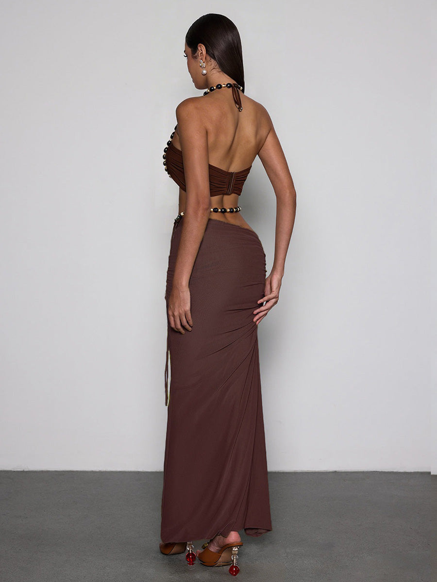 Zuri Halterneck Ruched Skirt Set In Coffee