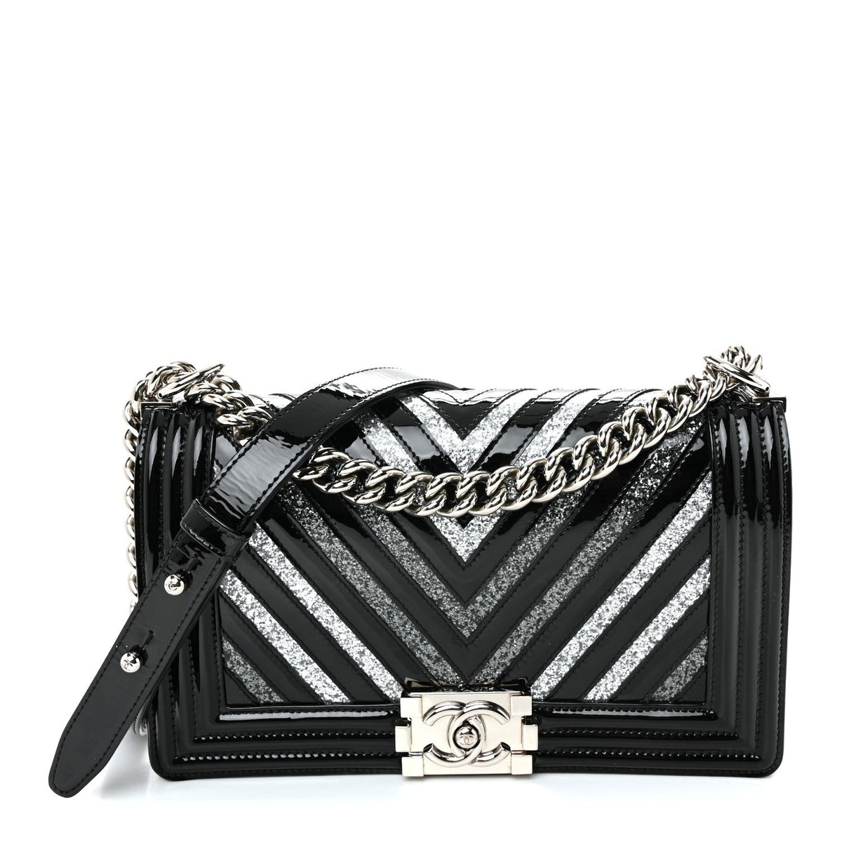 Patent Glitter PVC Chevron Quilted Medium Boy Flap Black Silver