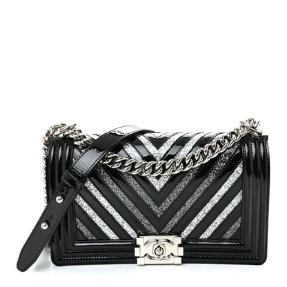 Patent Glitter PVC Chevron Quilted Medium Boy Flap Black Silver